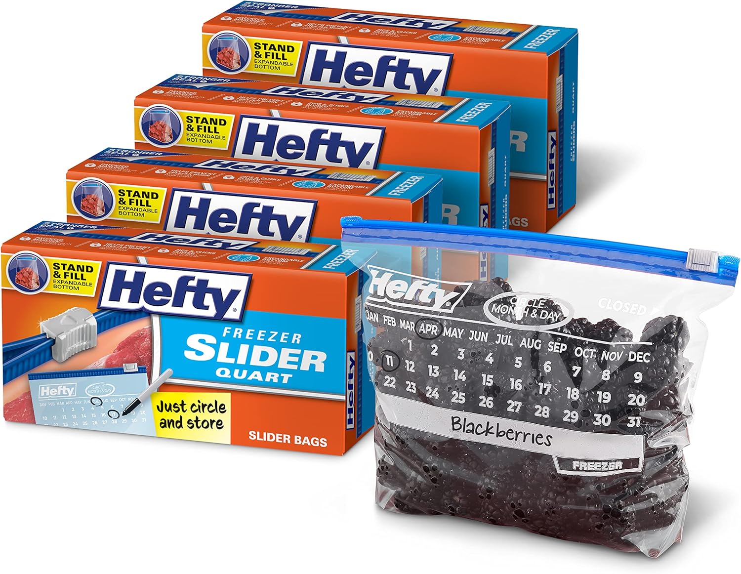 Hefty Calendar Slider Quart Freezer Bags, 1 Quart Slider Bags, Stand and Fill Expandable Bottom, Helps Prevent Freezer Burn, Freezer Bags Quart Size, 140 Total Bags, 35 Count (Pack of 4)-0