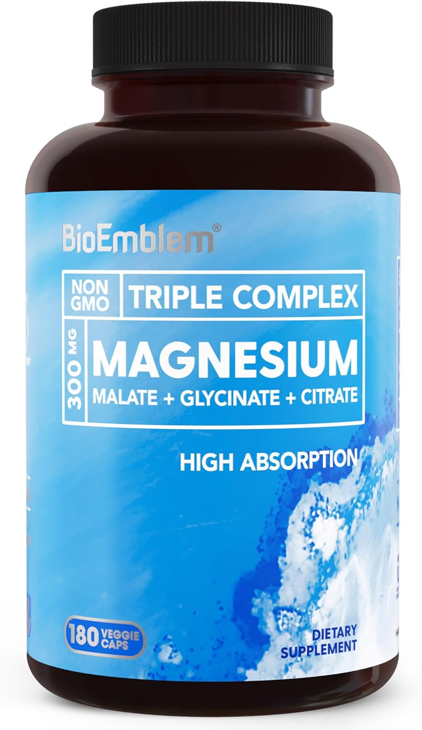 BioEmblem Triple Magnesium Complex | 300mg of Magnesium Glycinate, Malate, & Citrate for Muscles, Nerves, & Energy | High Absorption | Vegan, Non-GMO | 180 Capsules-0