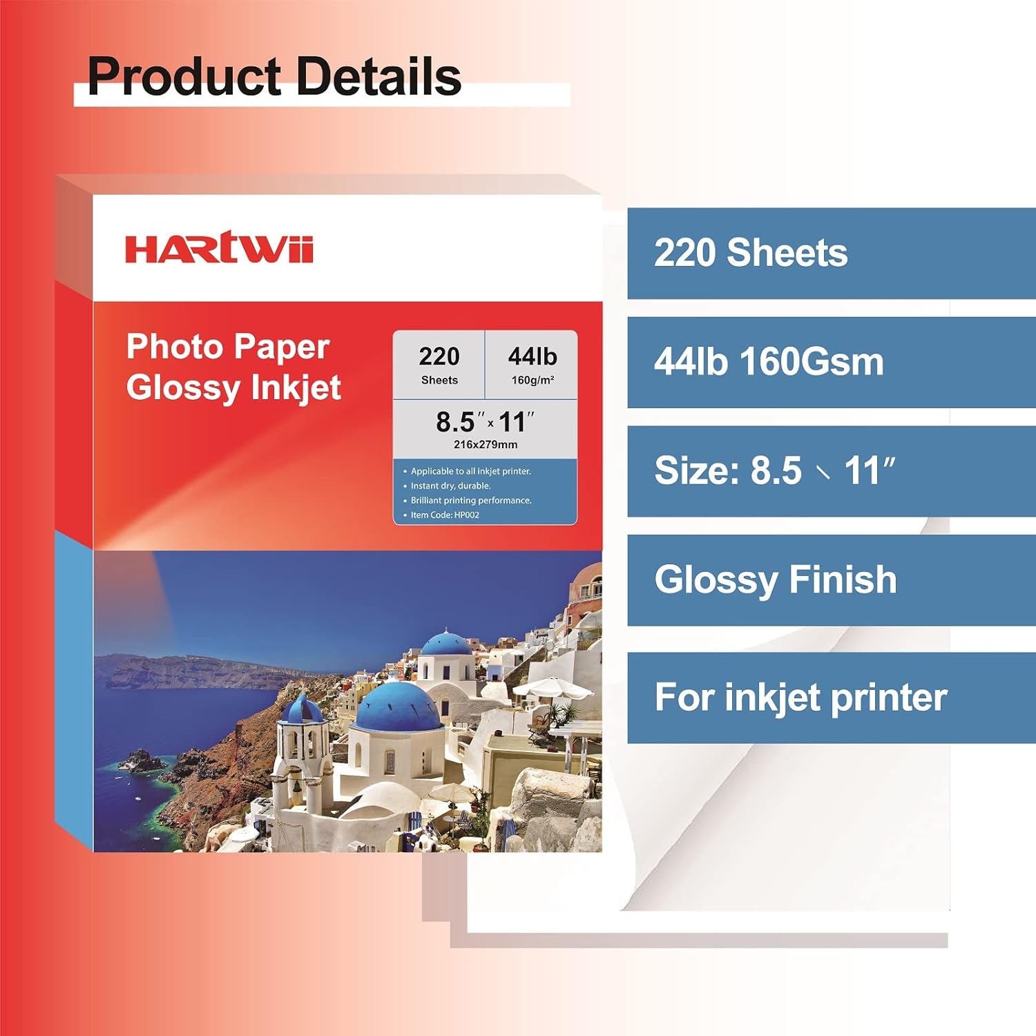 220 Sheets Photo Paper Glossy Inkjet 8.5x11 44lb 160Gsm A4 Letter Size Suitable for All Dye Ink Printers HARTWII-2