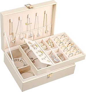 Voova Voova Jewelry Box Organizer for Women Girls, 2 Layer Large Men Jewelry Storage Case, PU Leather Display Jewellery Holder with Removable Tray for Necklace Earrings Rings Bracelets, Vintage Gift,Apricot