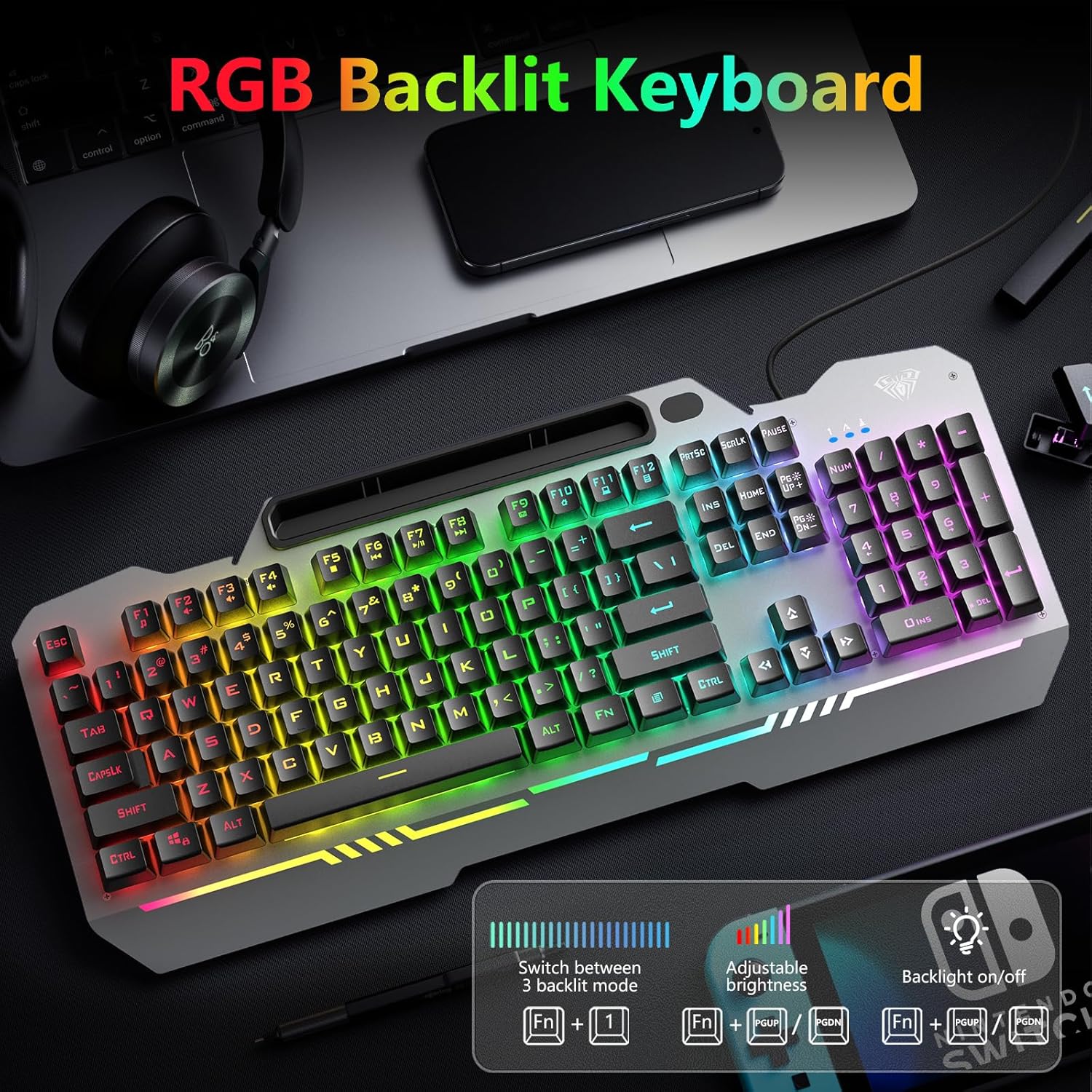 AULA Keyboard, T102 104 Keys Gaming Keyboard and Mouse Combo with RGB Backlit Quiet Computer Keyboard, All-Metal Panel, Waterproof Light Up PC Keyboard, USB Wired Keyboard Gaming for MAC Xbox PC Gamer-1