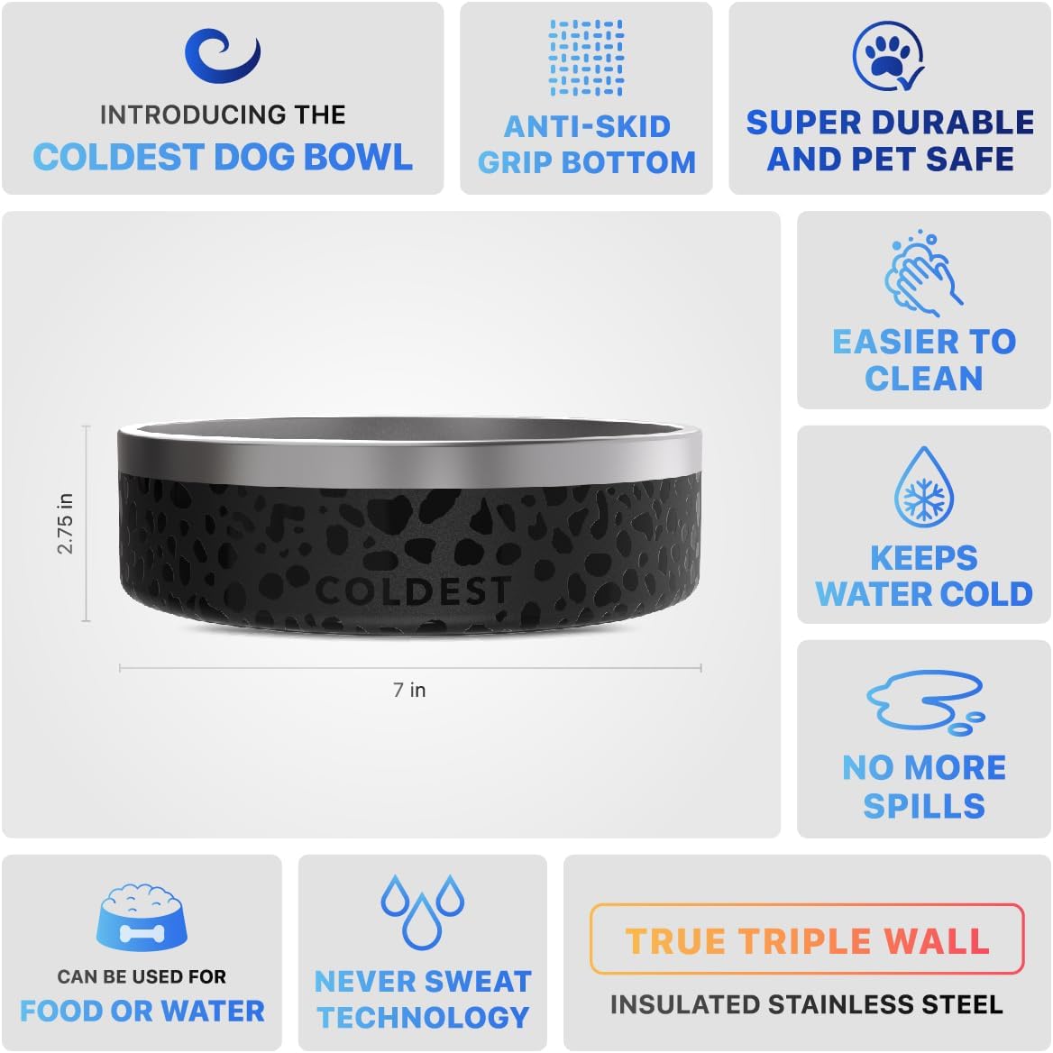 Coldest Dog Bowl - Anti Rust Metal & Non Slip Dog Bowls Large, Spill Proof Heavy Duty 3 Layers Insulated Dog Bowl - Food and Water Bowl for Dogs, Cats & Pets, Dishwasher Safe (42 oz, Black Leopard)-4