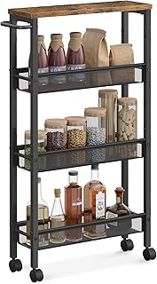 VASAGLE Slim Rolling Cart, 4-Tier Storage Cart, Narrow Cart with Handle, 5.1 Inches Deep, Metal Frame, for Kitchen, Dining Room, Living Room, Home Office, Rustic Brown and Classic Black ULRC032B01V1