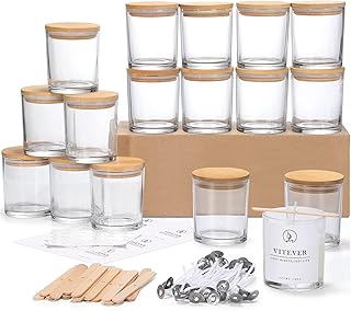 VITEVER 16 Pack, 10 OZ Thick Glass Candle Jars with Bamboo Lids and Candle Wick Kit - Bulk Clear Empty Glass Candle Jars for Making Candles - Spice, Powder Containers