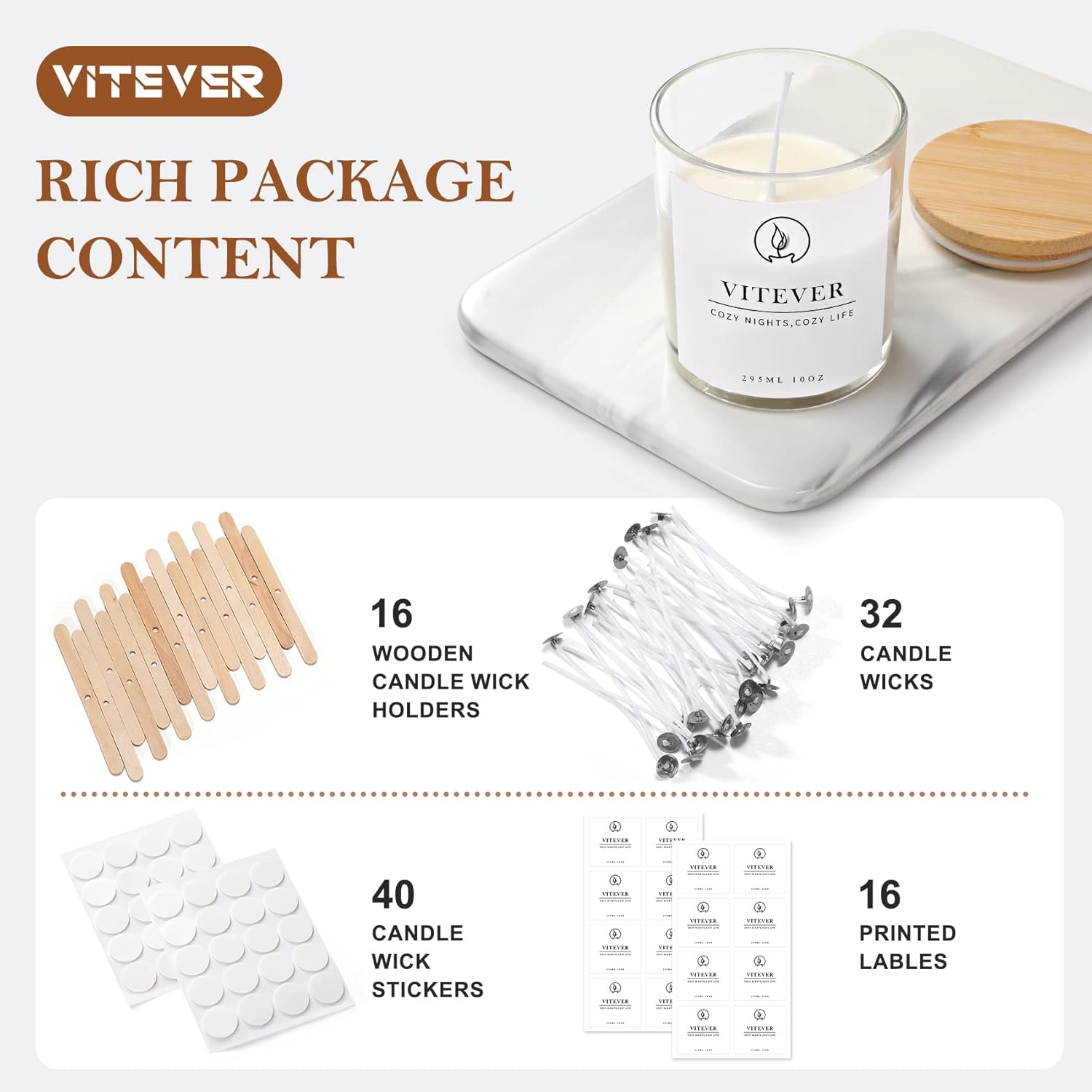 VITEVER 16 Pack, 10 OZ Thick Glass Candle Jars with Bamboo Lids and Candle Wick Kit - Bulk Clear Empty Glass Candle Jars for Making Candles - Spice, Powder Containers-2