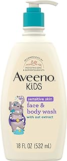 Aveeno Kids Sensitive Skin Face & Body Wash with Oat Extract, Gently Washes Away Dirt & Germs Without Drying, Tear-Free & Suitable for All Skin Tones, Hypoallergenic, 18 fl. Oz