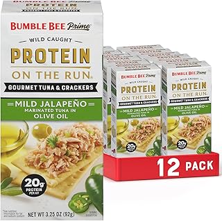 Bumble Bee Prime Protein on the Run Tuna Snack Kit, Pack of 12 - Gourmet Tuna Marinated in Olive Oil & Mild Jalapeno with Crackers and Serving Utensil - 20g of Protein Per Serving