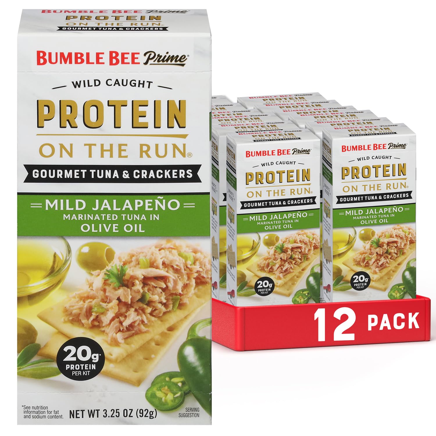 Bumble Bee Prime Protein on the Run Tuna Snack Kit, Pack of 12 - Gourmet Tuna Marinated in Olive Oil & Mild Jalapeno with Crackers and Serving Utensil - 20g of Protein Per Serving-0