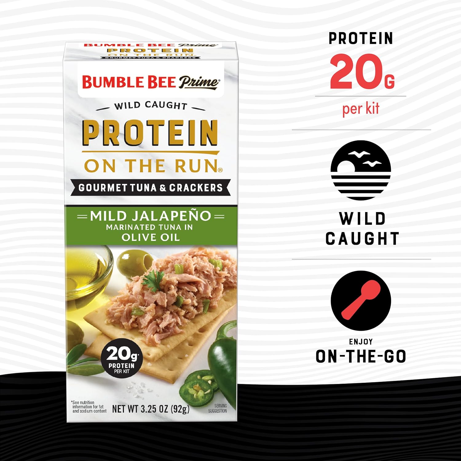 Bumble Bee Prime Protein on the Run Tuna Snack Kit, Pack of 12 - Gourmet Tuna Marinated in Olive Oil & Mild Jalapeno with Crackers and Serving Utensil - 20g of Protein Per Serving-1