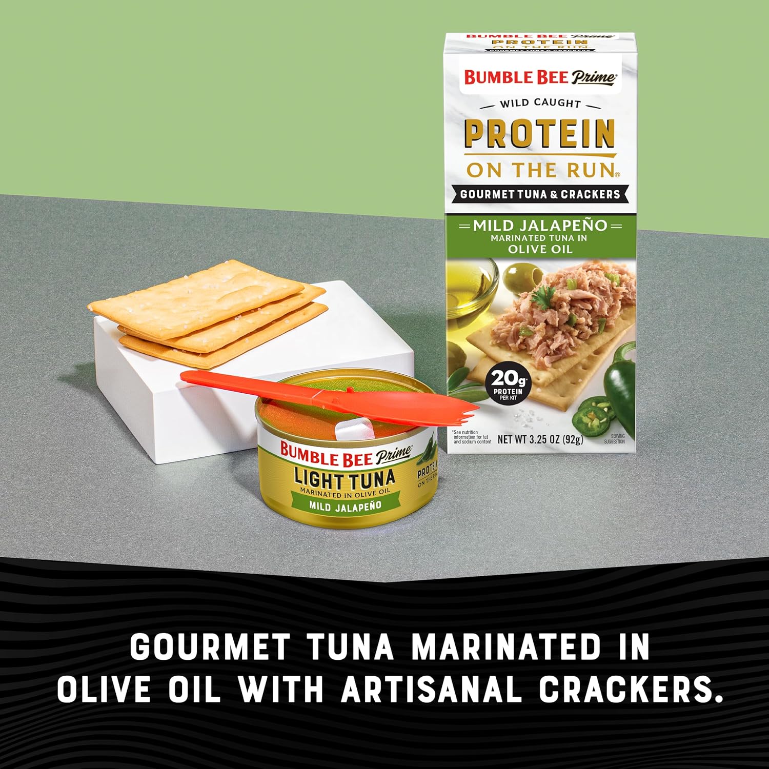 Bumble Bee Prime Protein on the Run Tuna Snack Kit, Pack of 12 - Gourmet Tuna Marinated in Olive Oil & Mild Jalapeno with Crackers and Serving Utensil - 20g of Protein Per Serving-2