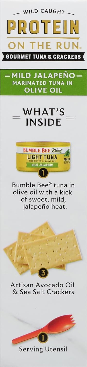 Bumble Bee Prime Protein on the Run Tuna Snack Kit, Pack of 12 - Gourmet Tuna Marinated in Olive Oil & Mild Jalapeno with Crackers and Serving Utensil - 20g of Protein Per Serving-6