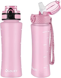 OLDLEY Water Bottle with Straw & Chug Lid for Kids Girls Child, 15 oz Leak-Proof BPA-Free Motivational Water Bottles with Time Marker for School Travel Sports Gym, 2 Lids, Candy Pink