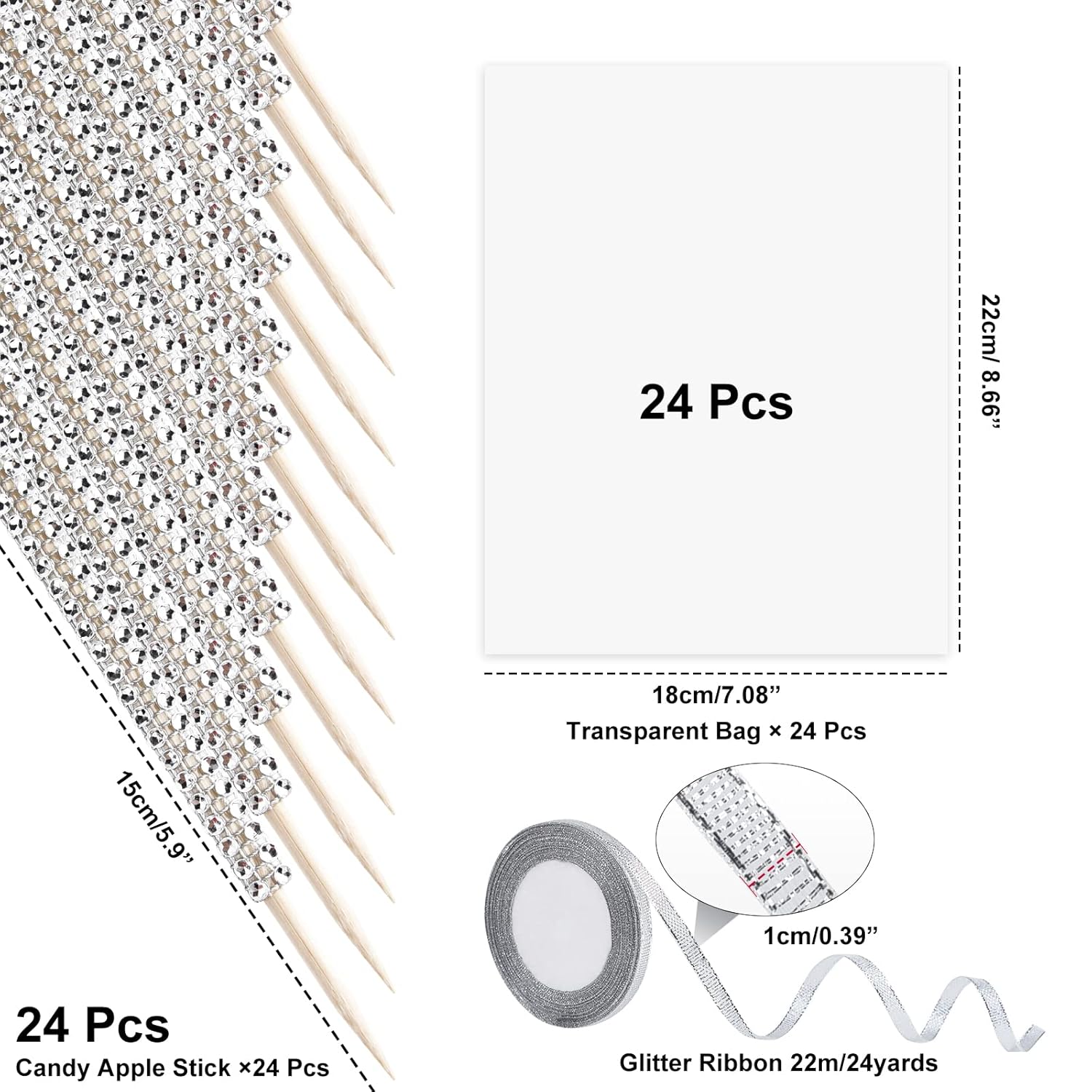 ASTARON 24 Pack Glitter Bling Candy Apple Sticks and Bags, Toffee Apple Kit Including Glitter Ribbon and Chocolate Apple Packaging Bag for Candy Apple Supplies-2