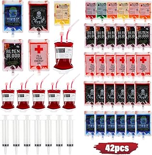 Halloween Blood Bags Party Supplies - 42PCS Blood Bags for Drinks 35 Reusable Blood Drink Pouches +7 Syringes Party Favors, Blood IV Bags for Vampire Zombie Costume Props Halloween Party Decorations