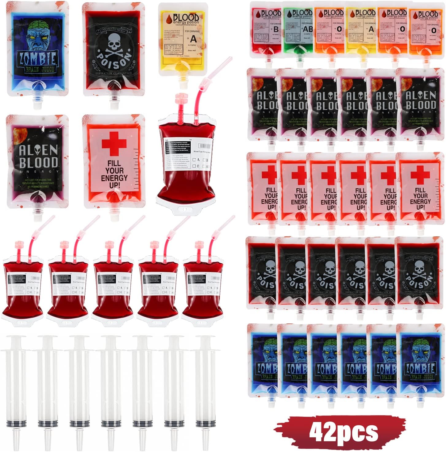 Halloween Blood Bags Party Supplies - 42PCS Blood Bags for Drinks 35 Reusable Blood Drink Pouches +7 Syringes Party Favors, Blood IV Bags for Vampire Zombie Costume Props Halloween Party Decorations-0