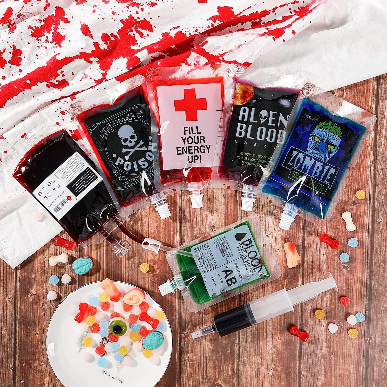 Halloween Blood Bags Party Supplies - 42PCS Blood Bags for Drinks 35 Reusable Blood Drink Pouches +7 Syringes Party Favors, Blood IV Bags for Vampire Zombie Costume Props Halloween Party Decorations-1