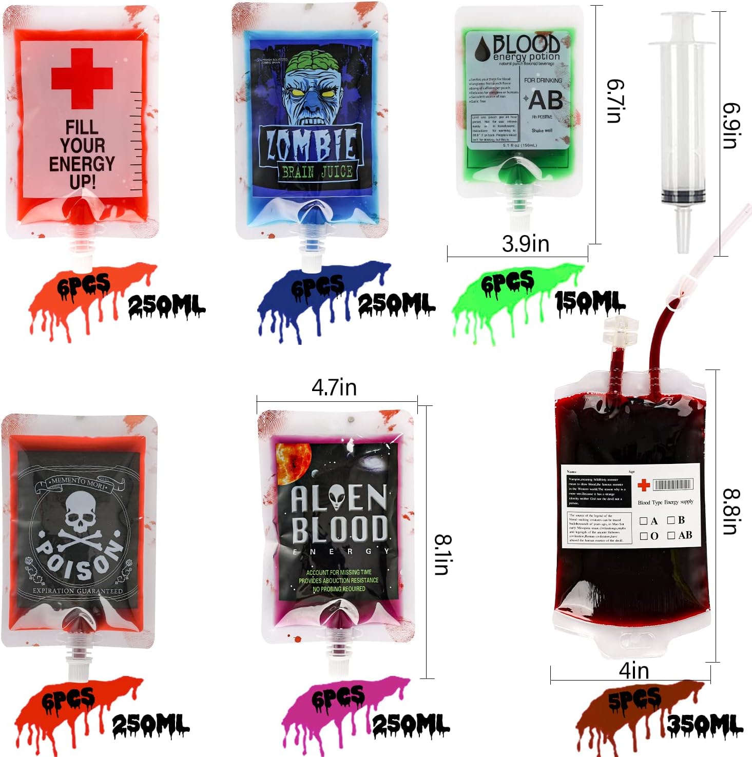 Halloween Blood Bags Party Supplies - 42PCS Blood Bags for Drinks 35 Reusable Blood Drink Pouches +7 Syringes Party Favors, Blood IV Bags for Vampire Zombie Costume Props Halloween Party Decorations-2