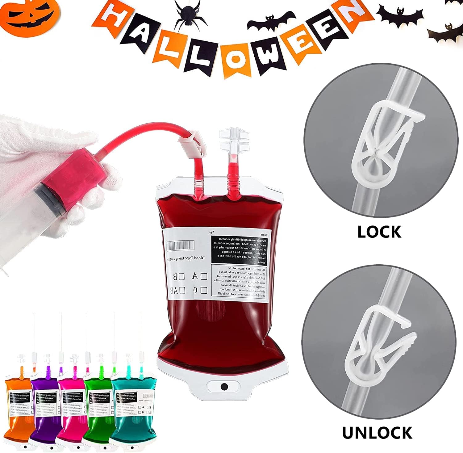 Halloween Blood Bags Party Supplies - 42PCS Blood Bags for Drinks 35 Reusable Blood Drink Pouches +7 Syringes Party Favors, Blood IV Bags for Vampire Zombie Costume Props Halloween Party Decorations-4