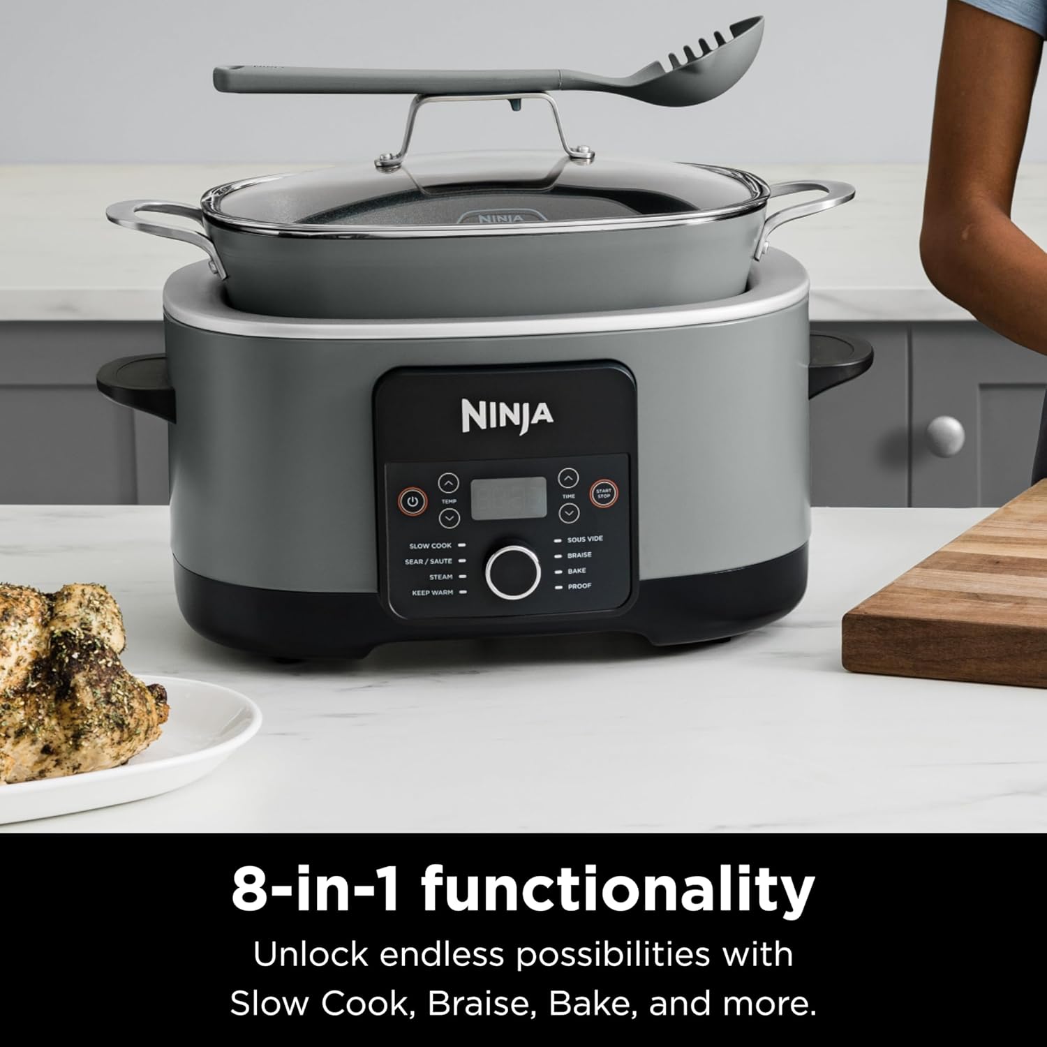 Ninja MC1001 Foodi PossibleCooker PRO 8.5 Quart Multi-Cooker, with 8-in-1 Slow Cooker, Dutch Oven, Steamer, Glass Lid Integrated Spoon, Nonstick, Oven Safe Pot to 500°F, Sea Salt Gray-1