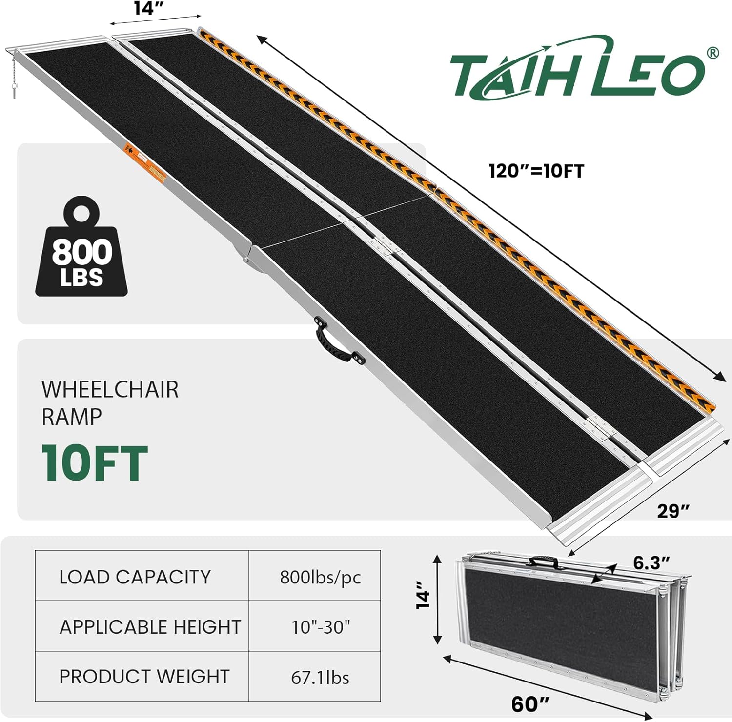 10FT Wheelchair Ramp, 120" L x 29" W Wheelchair Ramps, 800 LBS Capacity Wheel Chair Ramp, Portable Wheelchair Ramp, for Home, Steps, Stairs, Doorways-1