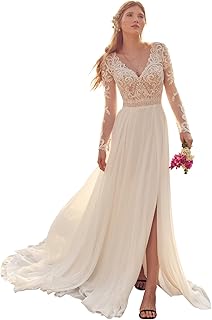 TIRAS Women's Beach Wedding Dresses for Bride 2024 Bohe Lace Appliqued Bridal Wedding Gowns CM001