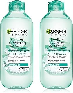 Garnier Micellar Water with Hyaluronic Acid, Facial Cleanser & Makeup Remover, Hydrating and Plumping, For All Skin Types, Vegan, Cruelty Free, 13.5 Fl Oz (400mL), 2 Count