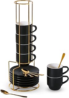 Lareina Porcelain Stackable Espresso Cups with Saucers, Spoons and Metal Stand 4 Ounce Small Cappuccino Coffee Cups Set of 6 - Ceramic Demitasse Cups for Nespresso Lungo, Double Espresso, Black