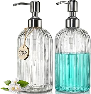 JASAI 2PACK 18 Oz Glass Soap Dispenser with Rust Proof Stainless Steel Pump, Refillable Hand Soap Dispenser with Vertical Stripe, Premium Bathroom Soap Dispenser for Kitchen & Bathroom.