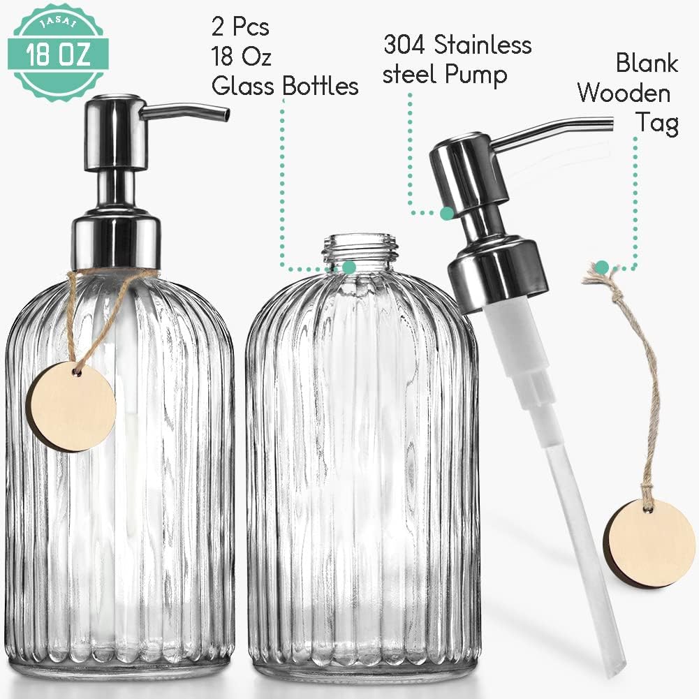 JASAI 2PACK 18 Oz Glass Soap Dispenser with Rust Proof Stainless Steel Pump, Refillable Hand Soap Dispenser with Vertical Stripe, Premium Bathroom Soap Dispenser for Kitchen & Bathroom.-1