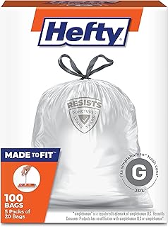 Hefty Made to Fit Trash Bags, Fits simplehuman Size G (8 Gallons), 100 Count (5 Pouches of 20 Bags Each) - Packaging May Vary