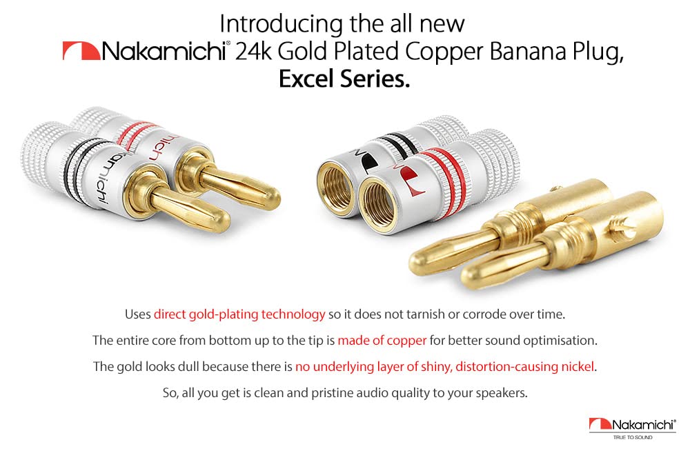 Nakamichi Excel Series 24k Gold Plated Banana Plug 12 AWG - 18 AWG Gauge Size 4mm for Speakers Amplifier Hi-Fi AV Receiver Stereo Home Theatre Radio Audio Wire Cable Screw Connector 4 Pcs (2-Pairs)-2