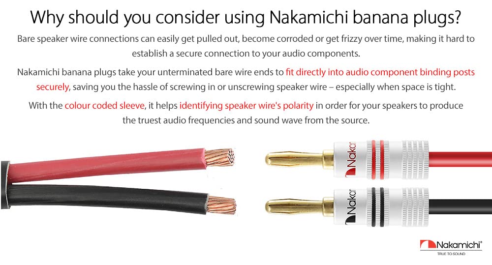 Nakamichi Excel Series 24k Gold Plated Banana Plug 12 AWG - 18 AWG Gauge Size 4mm for Speakers Amplifier Hi-Fi AV Receiver Stereo Home Theatre Radio Audio Wire Cable Screw Connector 4 Pcs (2-Pairs)-3