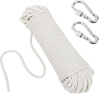 KEILEOHO 1/4 Inch Natural Cotton Rope, 328 FT Length White Clothesline Cord Craft Knitting Thread String Wall Hanging Rope for Garden Plant DIY Decoration Clothes Hanger with 4 Snap Hooks