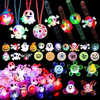 Halloween Party Favors for Kids - 57 PCS Halloween Decorations LED Flash Rings Light Up Necklaces Halloween Toys, Glow in the Dark Halloween Party Supplies, Halloween Gifts/Halloween Treats for Kids