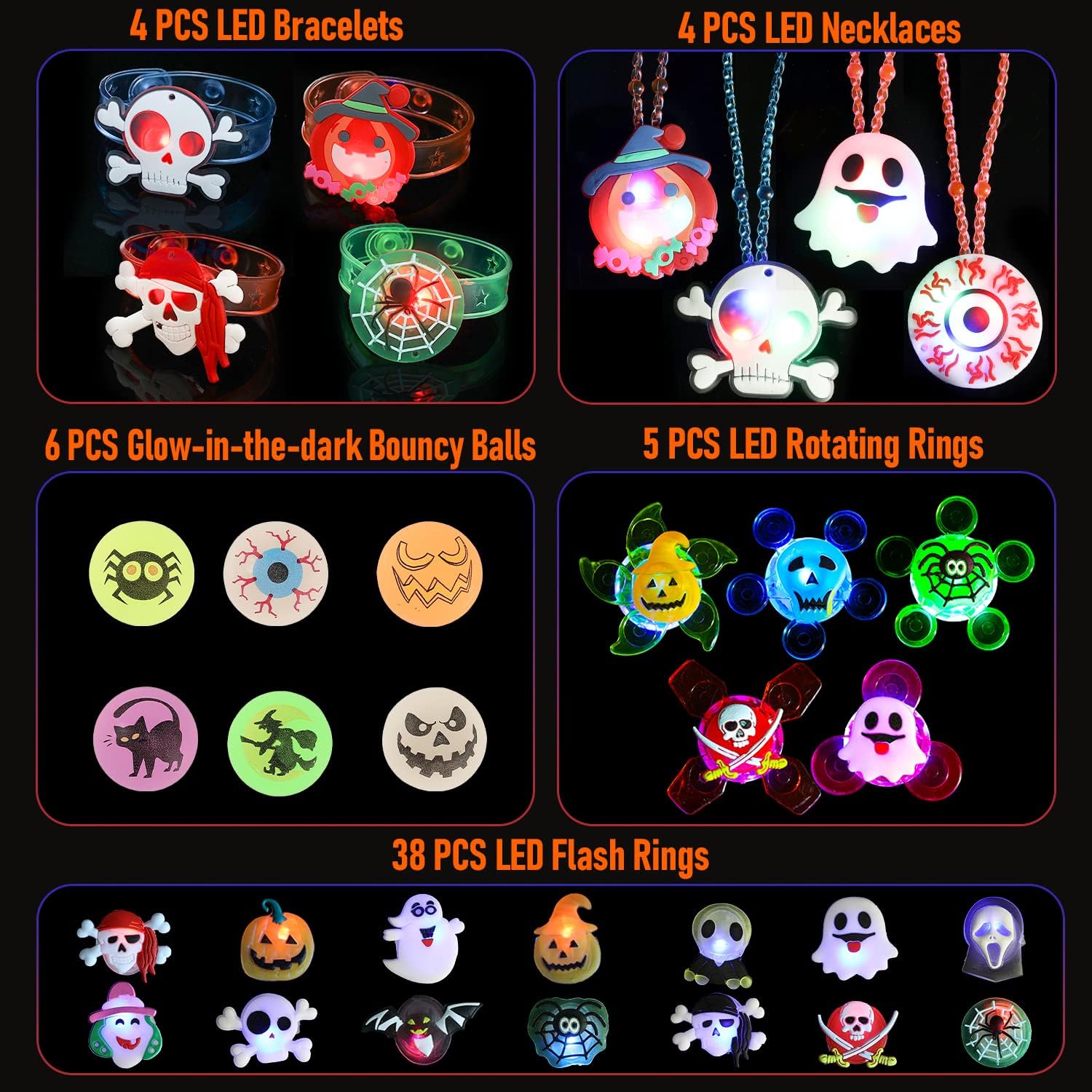 Halloween Party Favors for Kids - 57 PCS Halloween Decorations LED Flash Rings Light Up Necklaces Halloween Toys, Glow in the Dark Halloween Party Supplies, Halloween Gifts/Halloween Treats for Kids-2