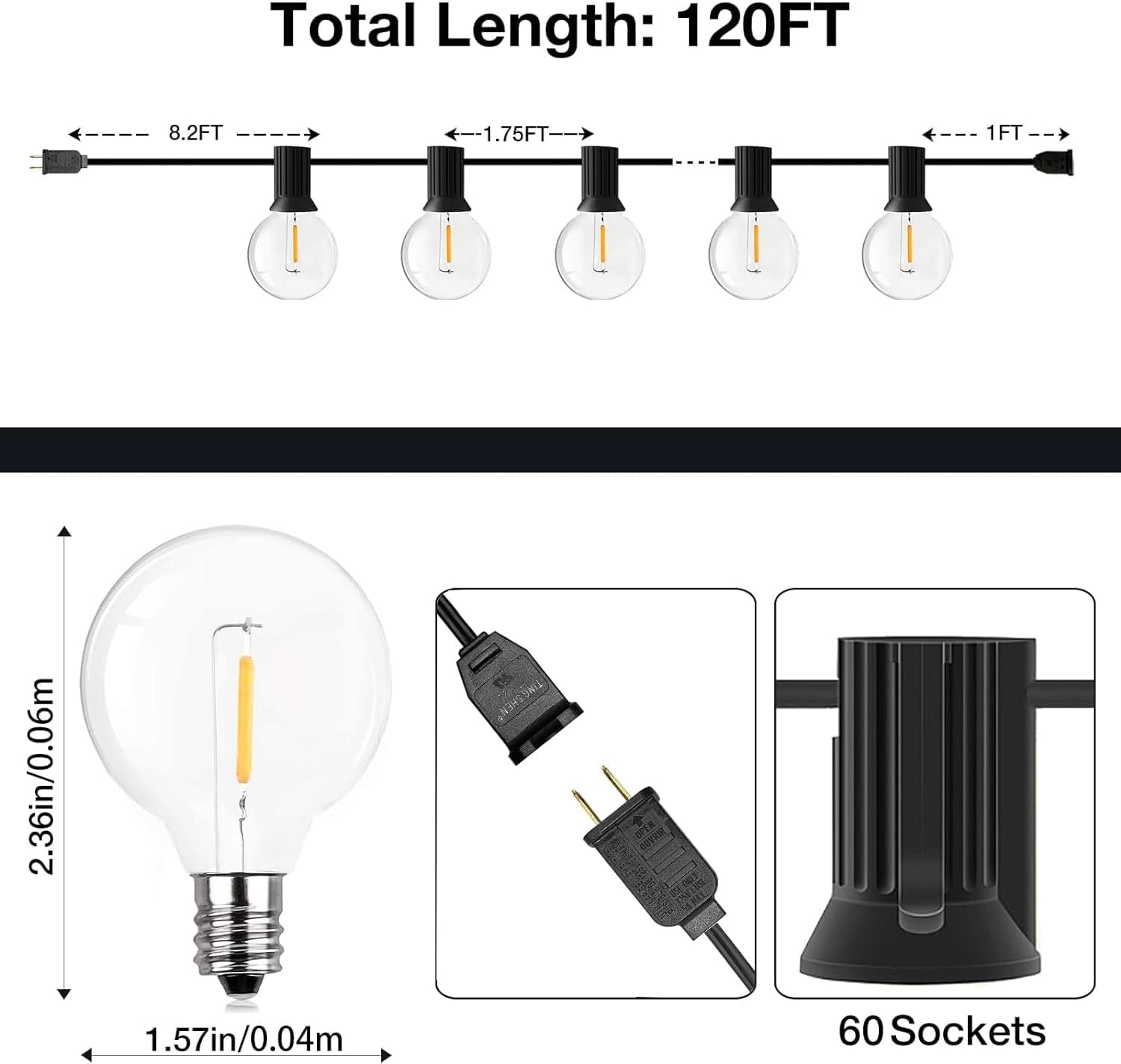 GPATIO 120FT Outdoor String Lights, Waterproof Patio Lights with 64 Hanging Lights Globe G40 Bulbs, 2700k Shatterproof for Backyard Outside Decor-1