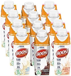 BOOST Very High Calorie Nutritional Drink Variety Pack, 4 Bottles Very Vanilla, 4 Bottles Chocolate, 4 Bottles Creamy Strawberry, 8 FL OZ Bottles, 12 CT