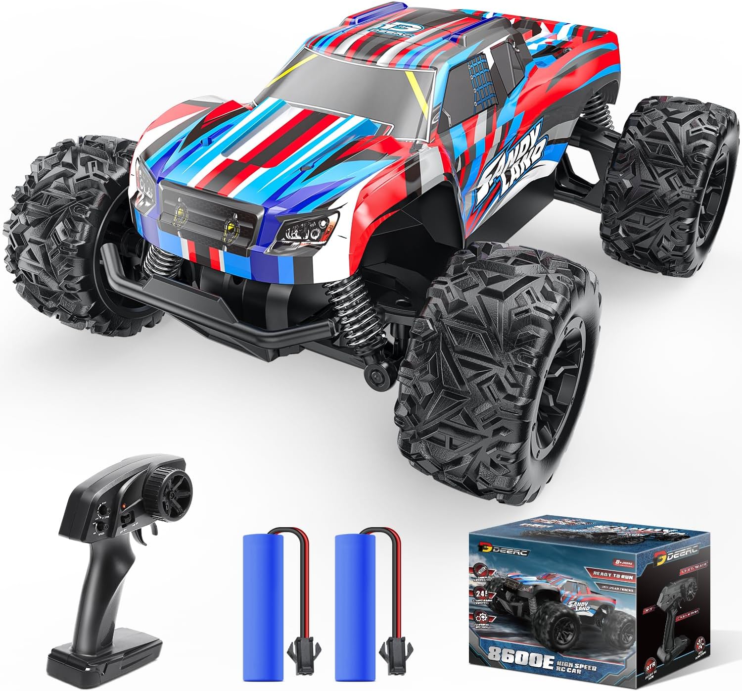 DEERC RC Cars, High Speed 2.4 GHz All Terrain Remote Control Monster Truck with 2 Batteries for 40 Min Play, Best Toys Racing Car Gifts for Boys Girls Kids Beginners-0