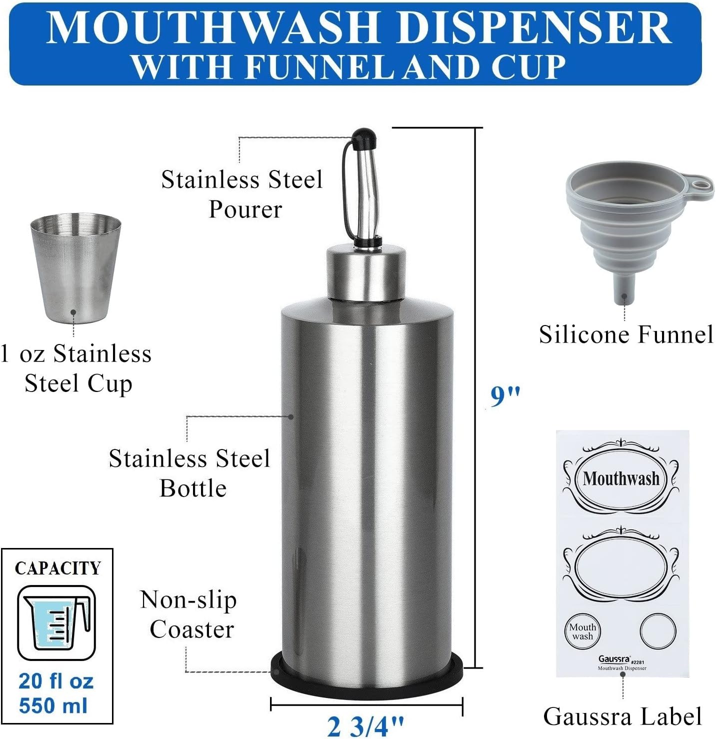 20 Oz Mouthwash Dispenser with Mat and Cup, Nickel Brushed Stainless Steel Bottle, Mouthwash Dispenser for Bathroom, Refillable Mouthwash Bottles Container with Funnel and Labels-1