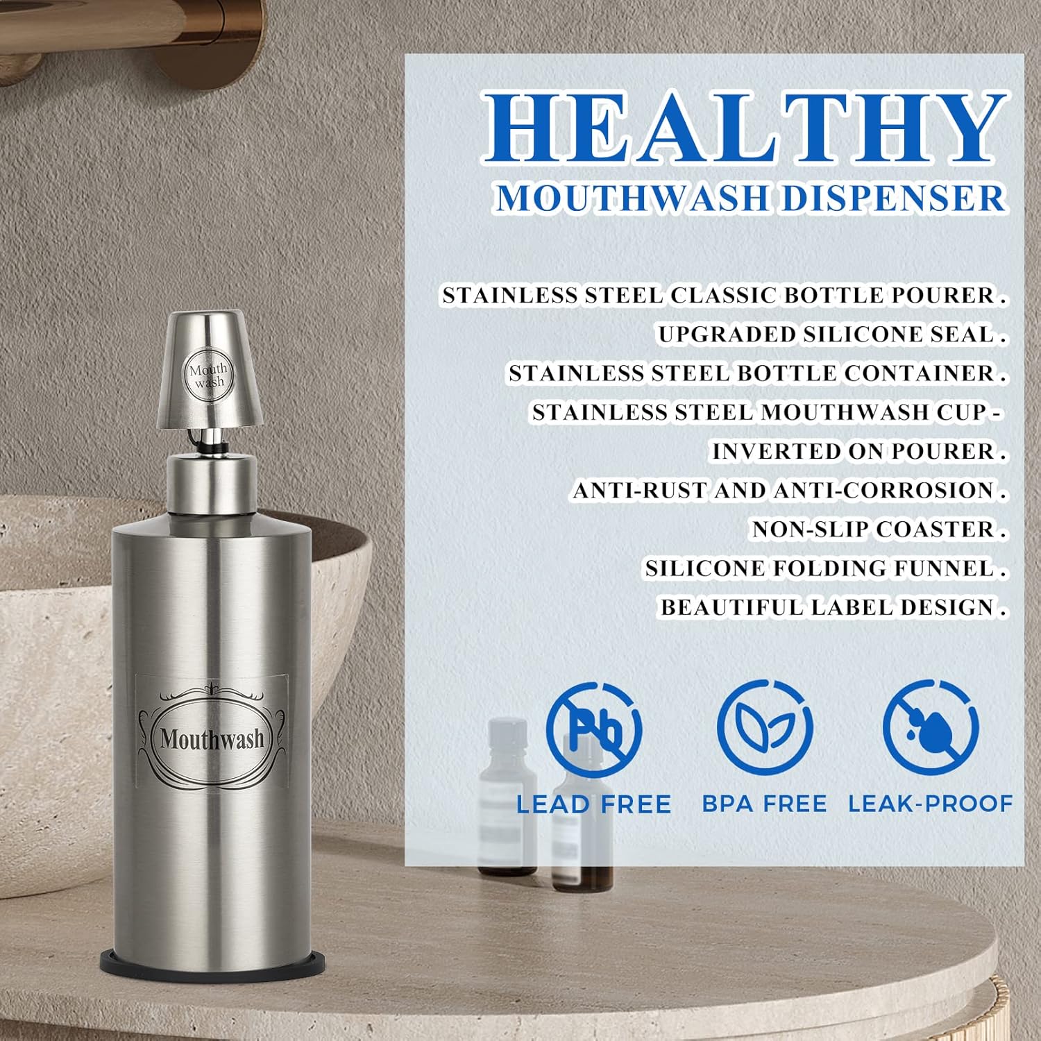 20 Oz Mouthwash Dispenser with Mat and Cup, Nickel Brushed Stainless Steel Bottle, Mouthwash Dispenser for Bathroom, Refillable Mouthwash Bottles Container with Funnel and Labels-2