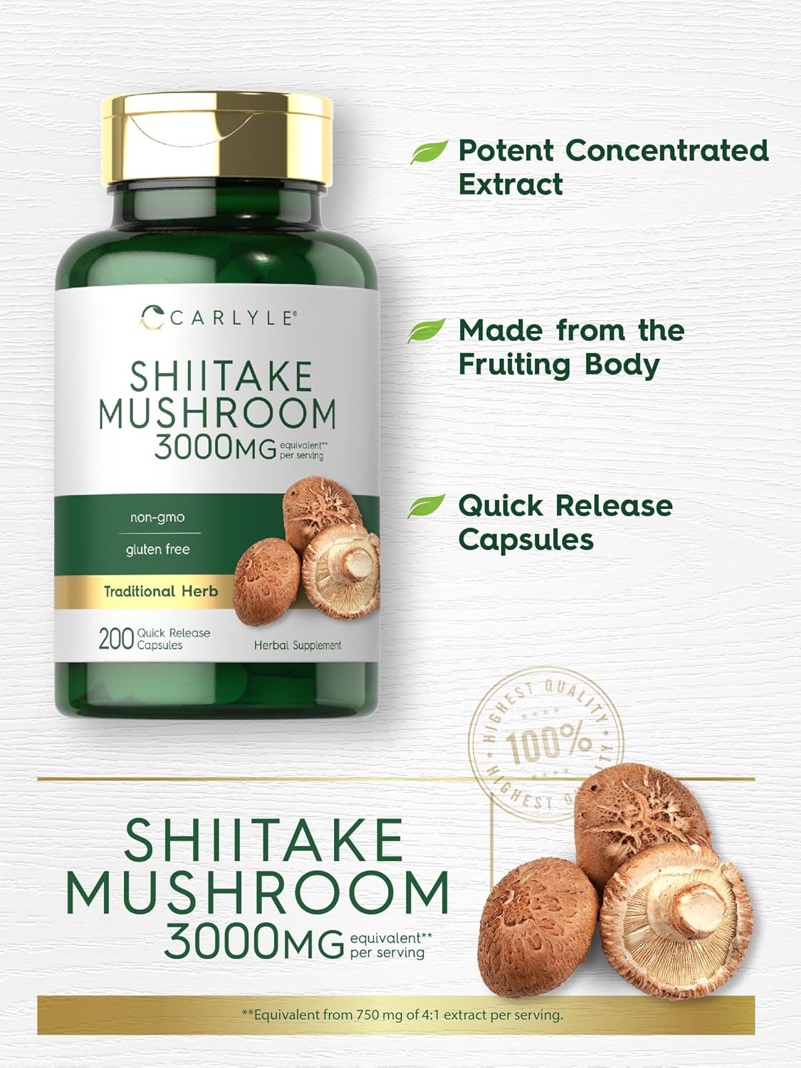 Carlyle Shiitake Mushroom Extract | 3000mg | 200 Capsules | Non-GMO, Gluten Free-3