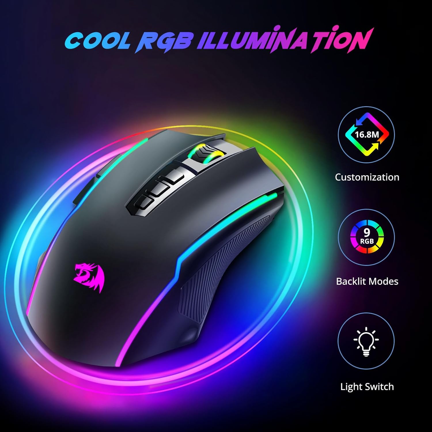 Redragon Gaming Mouse, Wireless Mouse Gaming with 8000 DPI, PC Gaming Mice with Fire Button, RGB Backlit Programmable Ergonomic Mouse Gamer, Rechargeable, 70Hrs for Windows, Mac Gamer, Black-1