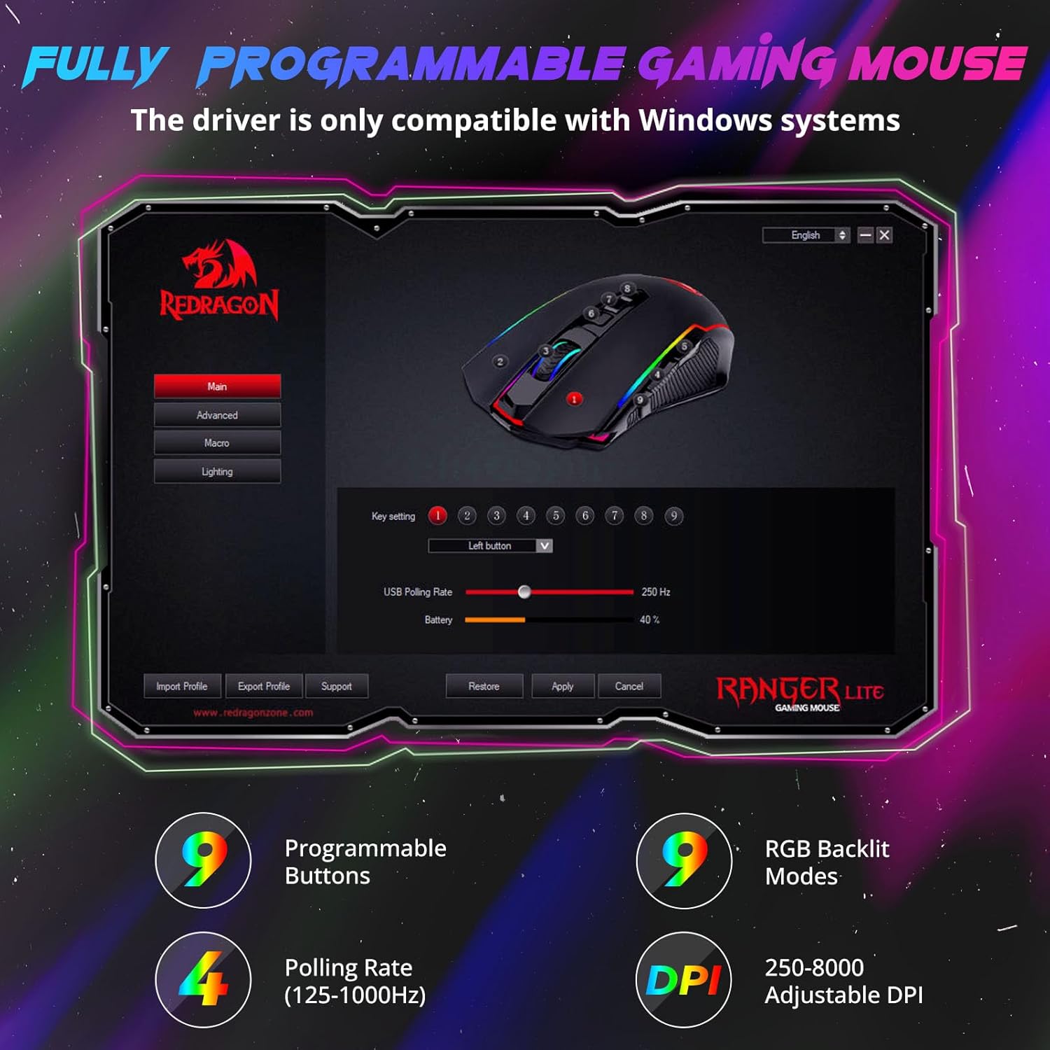 Redragon Gaming Mouse, Wireless Mouse Gaming with 8000 DPI, PC Gaming Mice with Fire Button, RGB Backlit Programmable Ergonomic Mouse Gamer, Rechargeable, 70Hrs for Windows, Mac Gamer, Black-2