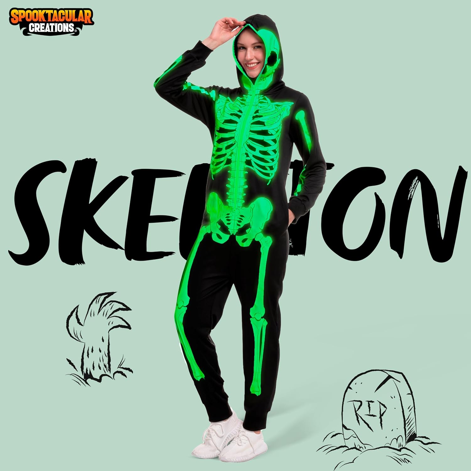 Spooktacular Creations Skeleton Pajama, Glow in the Dark Skeleton Costume Jumpsuit Adult Women for Halloween Themed Party-2