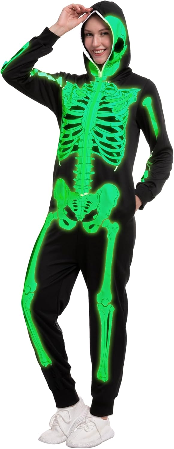 Spooktacular Creations Skeleton Pajama, Glow in the Dark Skeleton Costume Jumpsuit Adult Women for Halloween Themed Party-4