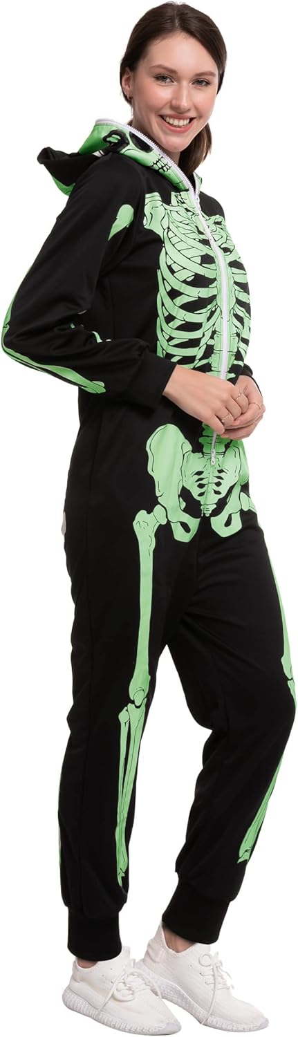 Spooktacular Creations Skeleton Pajama, Glow in the Dark Skeleton Costume Jumpsuit Adult Women for Halloween Themed Party-7