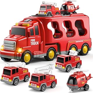 TEMI Fire Toys for 3 4 5 6 Years Old Boys Girls - 5 in 1 Carrier Truck Transport for Toddlers 1-3, Friction Power Vehicles for Kids 3-5, Christmas Birthday Gifts - Age 3-9