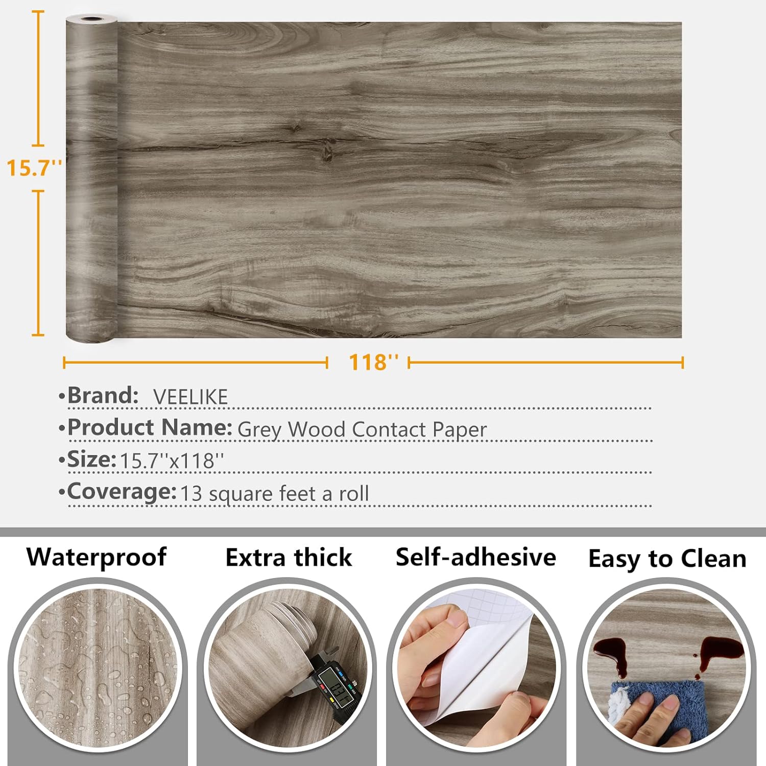 VEELIKE Grey Washed Wood, 15.7''x118'' Rustic Wood Wallpaper Peel and Stick Self Adhesive Wood Grain, Waterproof Wood Look Contact Paper for Countertops Cabinet Furniture-8