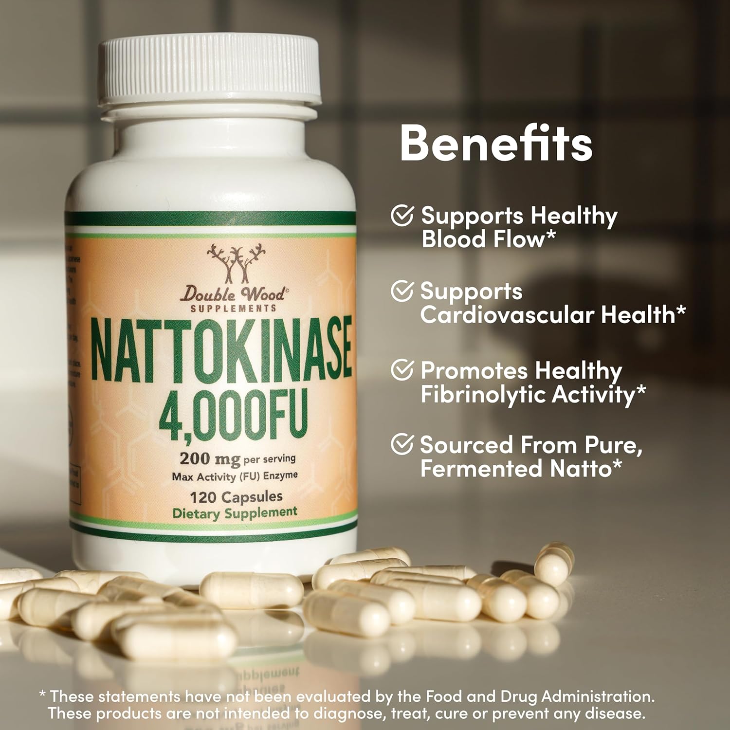 Nattokinase Supplement 4,000 FU Servings, 120 Capsules (Derived from Japanese Natto) Systemic Enzymes for Cardiovascular and Circulatory Support by Double Wood-2