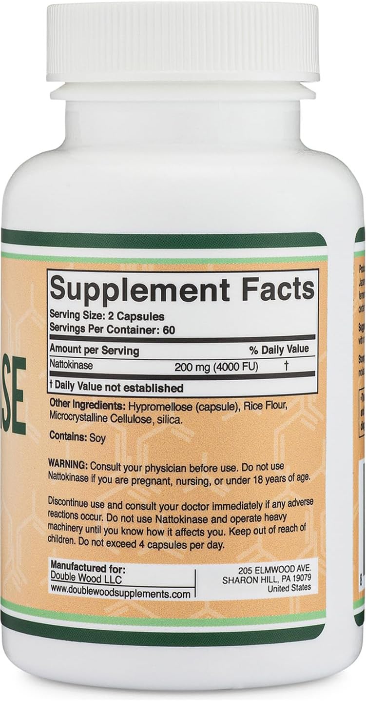 Nattokinase Supplement 4,000 FU Servings, 120 Capsules (Derived from Japanese Natto) Systemic Enzymes for Cardiovascular and Circulatory Support by Double Wood-4